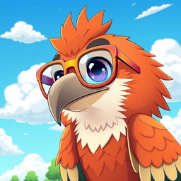 An anime-style hawk wearing oversized, colorful glasses, set against a vibrant blue sky with fluffy clouds