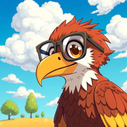 An anime-style hawk wearing oversized, colorful glasses, set against a vibrant blue sky with fluffy clouds