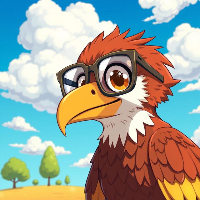 An anime-style hawk wearing oversized, colorful glasses, set against a vibrant blue sky with fluffy clouds