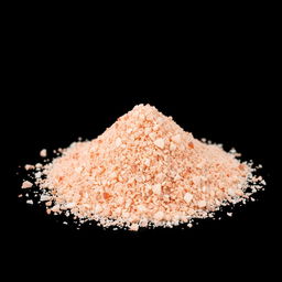 A heap of finely crushed pink salt powder with small crystalline grains, showcasing a beautiful blend of red, pink, and white hues