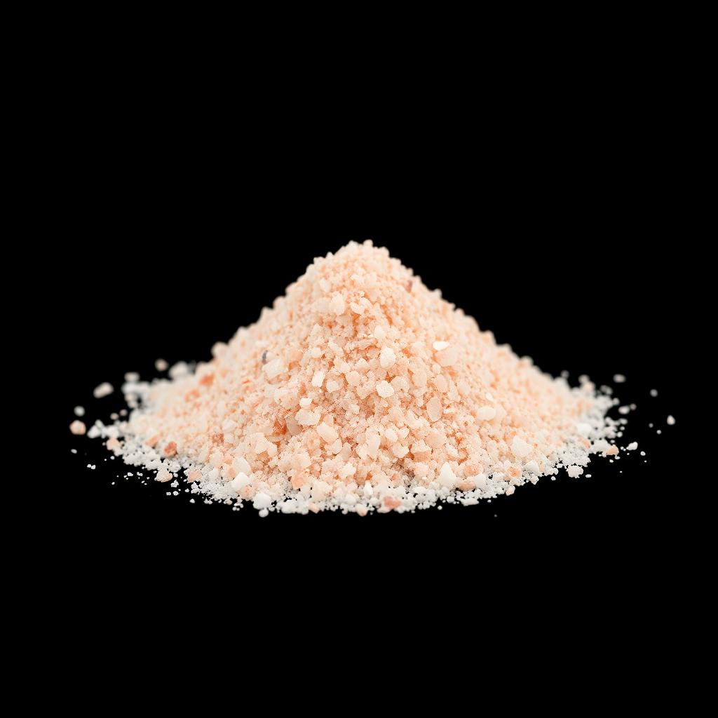 A heap of finely crushed pink salt powder with small crystalline grains, showcasing a beautiful blend of red, pink, and white hues