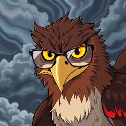 An anime-style hawk with an angry expression, wearing sleek, fashionable glasses
