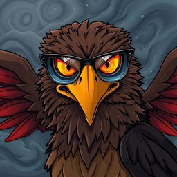An anime-style hawk with an angry expression, wearing sleek, fashionable glasses