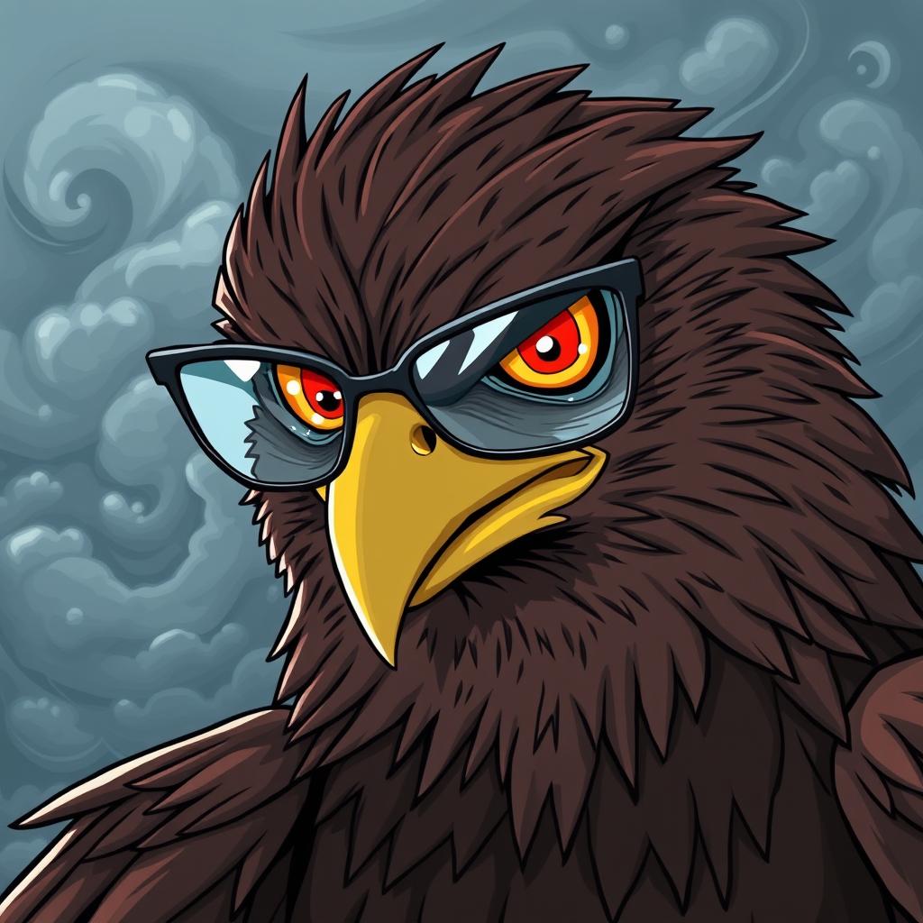 An anime-style hawk with an angry expression, wearing sleek, fashionable glasses