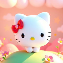 A vivid and colorful 3D rendering of Hello Kitty, showcasing her iconic design with a cute expression and her signature red bow