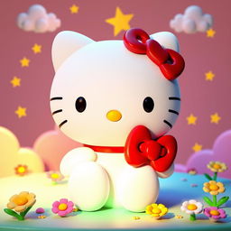 A vivid and colorful 3D rendering of Hello Kitty, showcasing her iconic design with a cute expression and her signature red bow