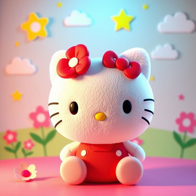 A vivid and colorful 3D rendering of Hello Kitty, showcasing her iconic design with a cute expression and her signature red bow