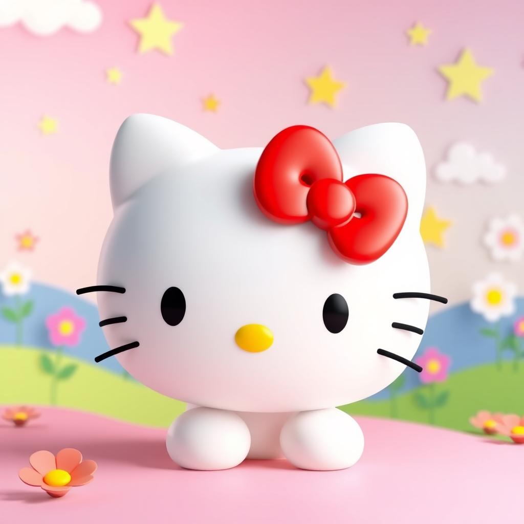 A vivid and colorful 3D rendering of Hello Kitty, showcasing her iconic design with a cute expression and her signature red bow