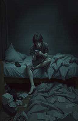 A somber yet introspective scene depicting a person sitting on the edge of a bed, surrounded by disarray