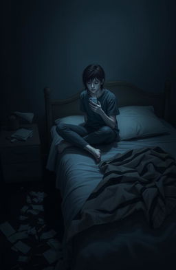 A somber yet introspective scene depicting a person sitting on the edge of a bed, surrounded by disarray