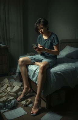 A somber yet introspective scene depicting a person sitting on the edge of a bed, surrounded by disarray