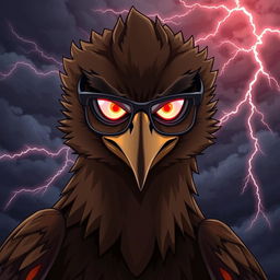 An anime-style hawk with an intense, angry expression, wearing sleek, stylish glasses