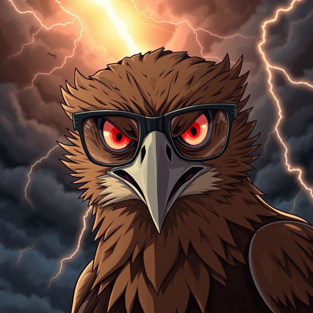 An anime-style hawk with an intense, angry expression, wearing sleek, stylish glasses