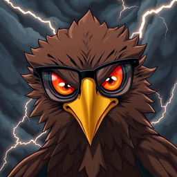 An anime-style hawk with an intense, angry expression, wearing sleek, stylish glasses
