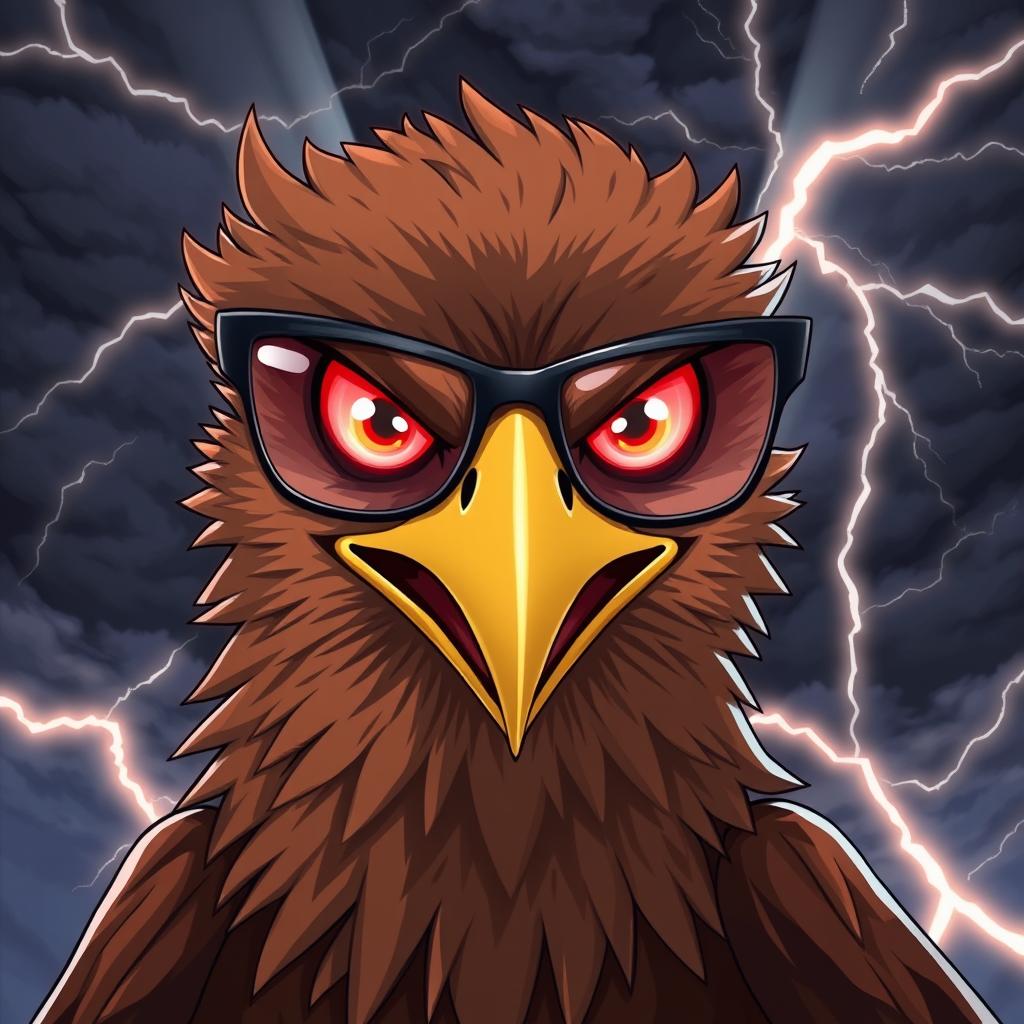 An anime-style hawk with an intense, angry expression, wearing sleek, stylish glasses