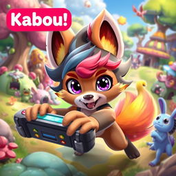 An exciting gaming scene featuring a character named Kabou, depicted as a cute, anthropomorphic creature with large expressive eyes, vibrant fur, and a playful demeanor
