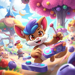 An exciting gaming scene featuring a character named Kabou, depicted as a cute, anthropomorphic creature with large expressive eyes, vibrant fur, and a playful demeanor