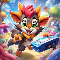 An exciting gaming scene featuring a character named Kabou, depicted as a cute, anthropomorphic creature with large expressive eyes, vibrant fur, and a playful demeanor