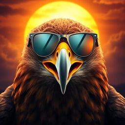 A fierce hawk with an angry expression, wearing stylish sunglasses that reflect the intense sunlight