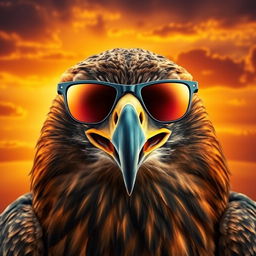 A fierce hawk with an angry expression, wearing stylish sunglasses that reflect the intense sunlight