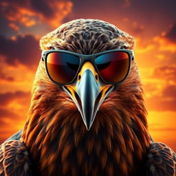 A fierce hawk with an angry expression, wearing stylish sunglasses that reflect the intense sunlight