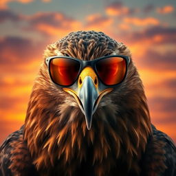 A fierce hawk with an angry expression, wearing stylish sunglasses that reflect the intense sunlight