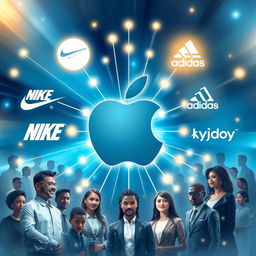 A visually striking image featuring the Apple logo at the center, radiating glowing connections to the logos of Nike, Adidas, Zypod, and Kidzy