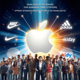 A visually striking image featuring the Apple logo at the center, radiating glowing connections to the logos of Nike, Adidas, Zypod, and Kidzy