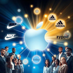A visually striking image featuring the Apple logo at the center, radiating glowing connections to the logos of Nike, Adidas, Zypod, and Kidzy