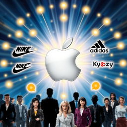A visually striking image featuring the Apple logo at the center, radiating glowing connections to the logos of Nike, Adidas, Zypod, and Kidzy