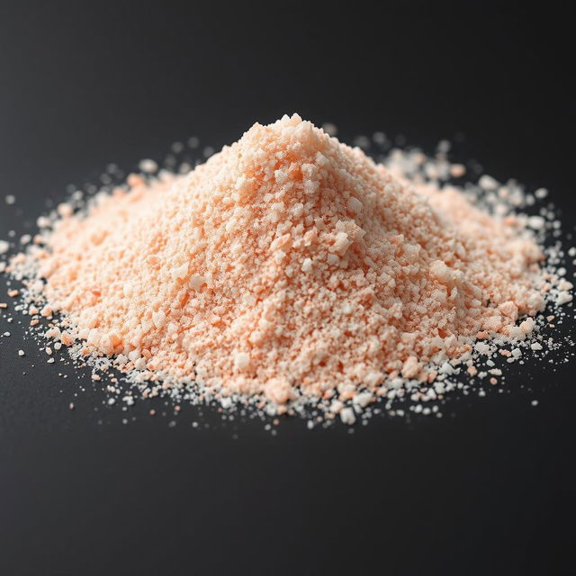 A close-up view of a mound of pink salt powder, finely ground with tiny crystals that are not individually visible, showcasing a gradient of red, pink, and white hues