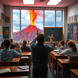 A classroom scene where an enthusiastic teacher is engaging with students, surrounded by colorful educational posters on the walls