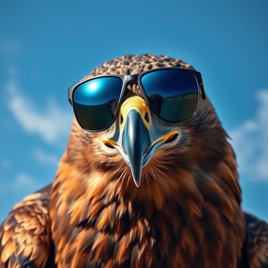 A fierce-looking hawk with an angry expression, wearing stylish sunglasses that reflect a bright blue sky