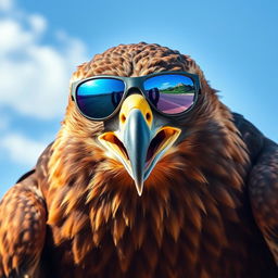 A fierce-looking hawk with an angry expression, wearing stylish sunglasses that reflect a bright blue sky