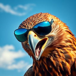 A fierce-looking hawk with an angry expression, wearing stylish sunglasses that reflect a bright blue sky