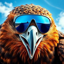 A fierce-looking hawk with an angry expression, wearing stylish sunglasses that reflect a bright blue sky