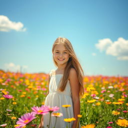 A beautiful girl with long flowing hair, wearing a light summer dress, standing in a vibrant field of flowers under the warm sunlight