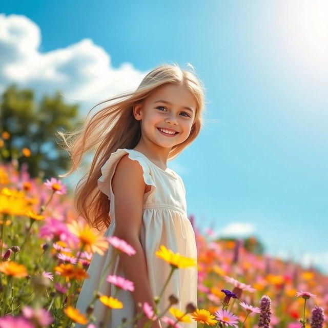 A beautiful girl with long flowing hair, wearing a light summer dress, standing in a vibrant field of flowers under the warm sunlight