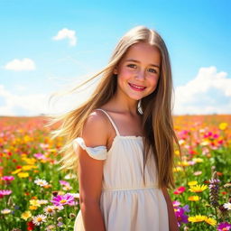 A beautiful girl with long flowing hair, wearing a light summer dress, standing in a vibrant field of flowers under the warm sunlight