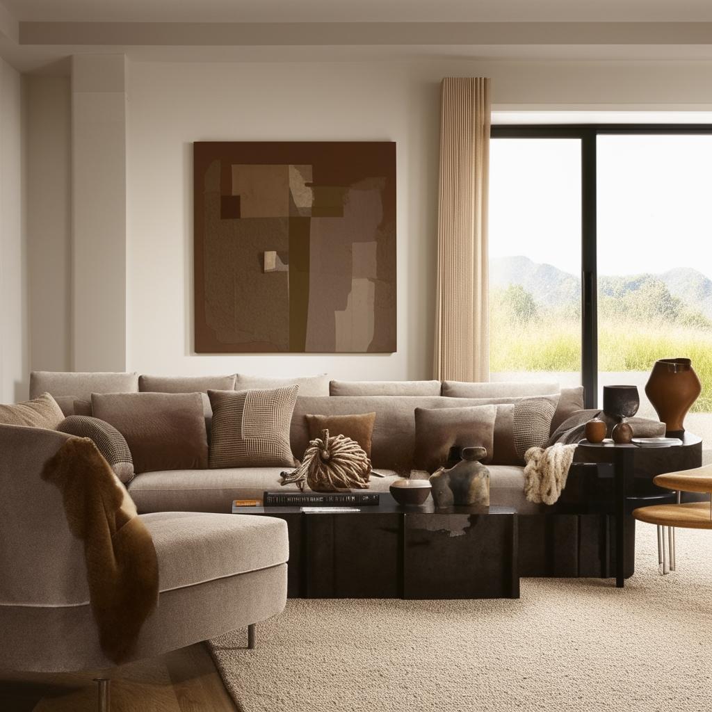 Effortlessly stylish and trendy interior design for a modern living room with a mix of contemporary furniture pieces, art-details, and cozy accents set in soothing earth-tones.