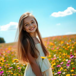A beautiful girl with long flowing hair, wearing a light summer dress, standing in a vibrant field of flowers under the warm sunlight