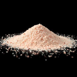 A mound of pink salt powder scattered on a flat surface, with the grains appearing very fine and crystalline, showcasing a color range predominantly in reds, pinks, and whites