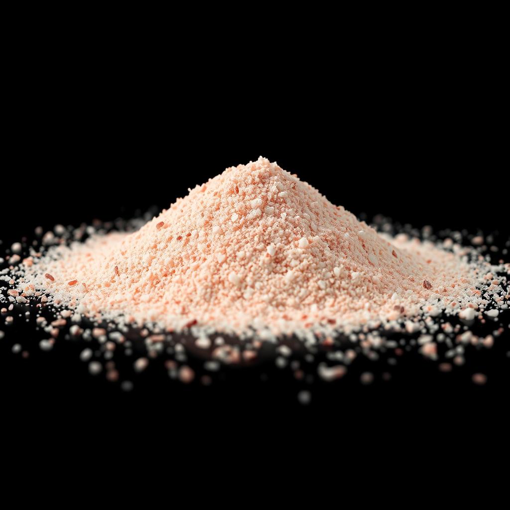 A mound of pink salt powder scattered on a flat surface, with the grains appearing very fine and crystalline, showcasing a color range predominantly in reds, pinks, and whites