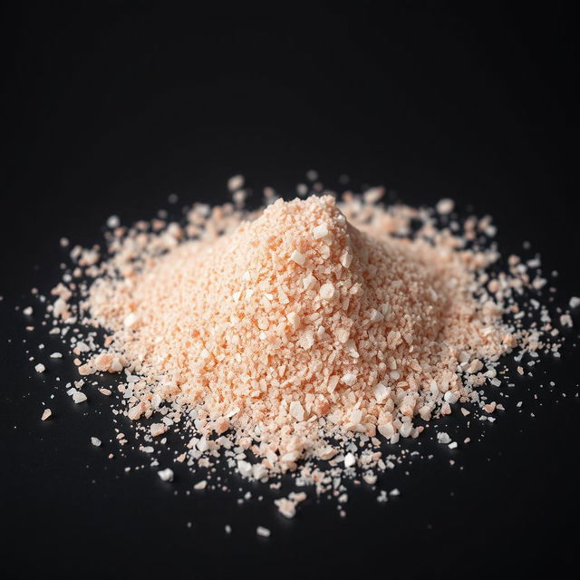 A mound of pink salt powder scattered on a flat surface, with the grains appearing very fine and crystalline, showcasing a color range predominantly in reds, pinks, and whites