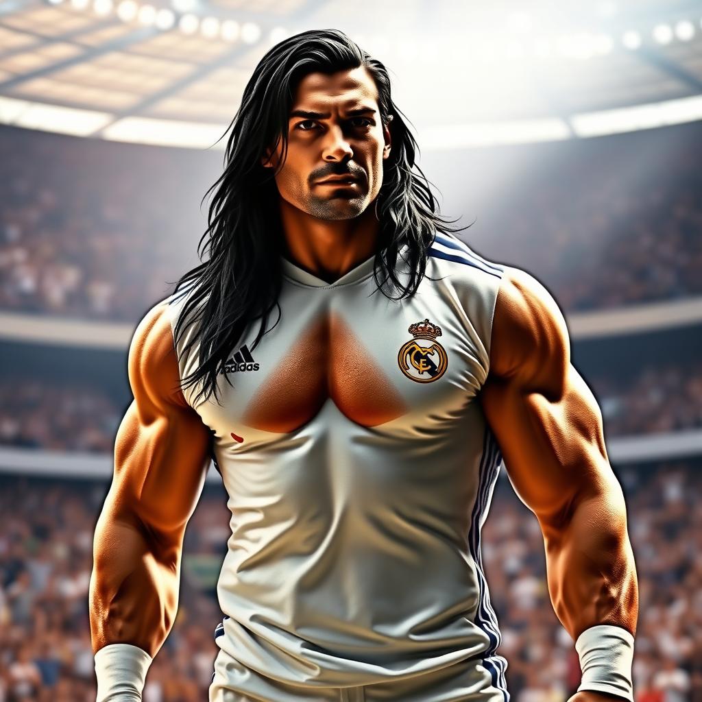 A muscular man resembling a professional wrestler, with long black hair and a confident expression, wearing a Real Madrid soccer jersey