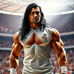 A muscular man resembling a professional wrestler, with long black hair and a confident expression, wearing a Real Madrid soccer jersey