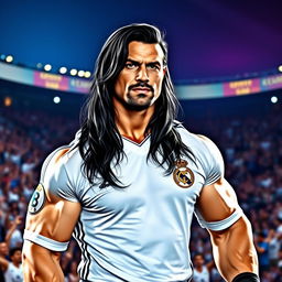A muscular man resembling a professional wrestler, with long black hair and a confident expression, wearing a Real Madrid soccer jersey