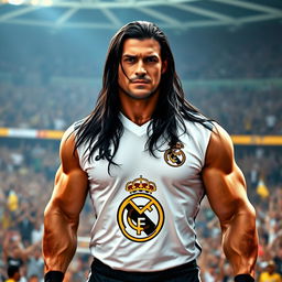 A muscular man resembling a professional wrestler, with long black hair and a confident expression, wearing a Real Madrid soccer jersey
