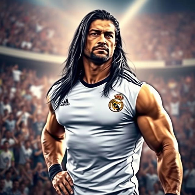 A muscular man resembling a professional wrestler, with long black hair and a confident expression, wearing a Real Madrid soccer jersey