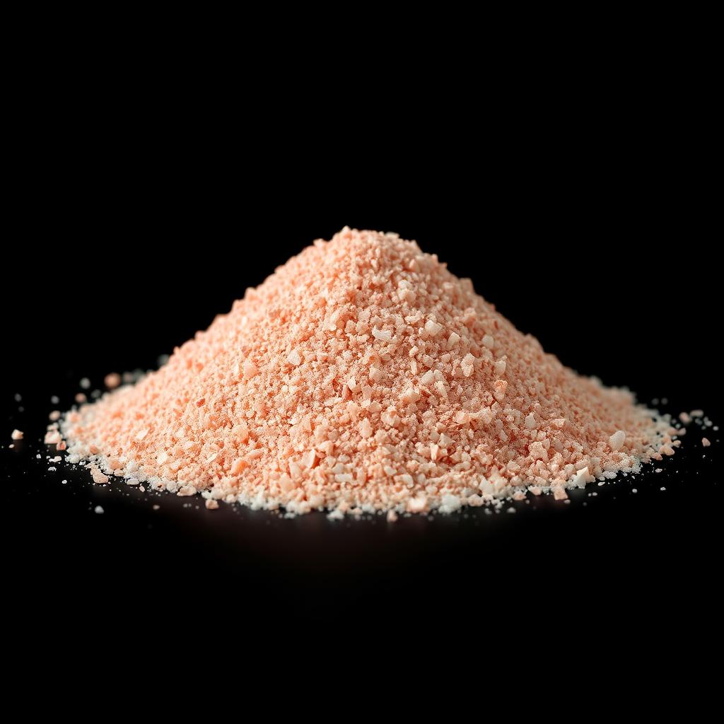 A mound of fine pink salt powder, consisting of tiny crystalline grains that are not individually visible, predominantly in shades of red with hints of pink and white, piled on a flat surface